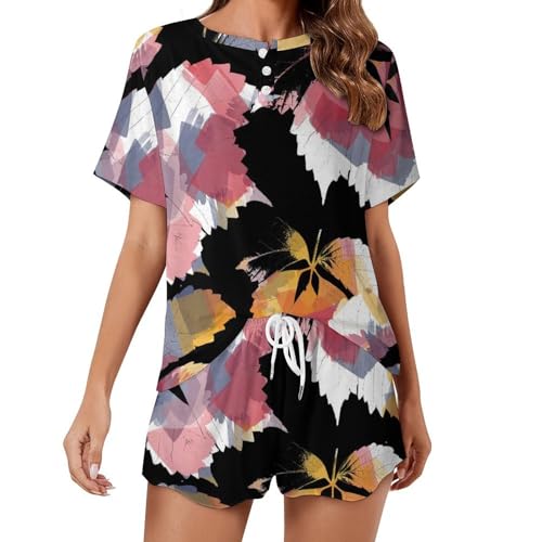 Vêtements de nuit ete sleepwear pyjama femme rose motif feuille