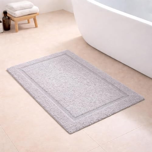 Image of Premium Combed Cotton Tufted Bathmat 45 x 65 cm, 1800 GSM Soft Absorbent Anti Skid Bathroom Floor Mat with Latex Backing, Quick Dry Non Slip Bath Rug for Daily Use, Race Track Silver