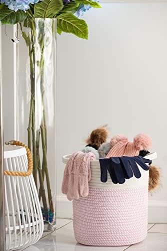 Cotton Rope Baskets Biodegradable Storage Organizer for Laundry Toys Makeup Blanket Baby Items Indoor Plants Garden Blue/Beige Pink/White Grey/White Baskets for Decoration (Small, Pink and WHite)