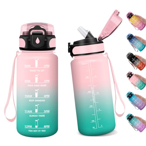 Gourde pour le sport, 500 ml, bouteille d'eau pour le sport, anti-fuite, avec marqueur de temps, gourde avec paille, convient pour les boissons gazeuses, le fitness, l'école, l'extérieur, le yoga