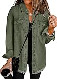 Dokotoo Womens Fashion Jean jacket Spring Fall Jackets Denim Jackets Shackets Country Concert Outfits Casual Ripped Long Sleeve Denim Shirts Classic Distressed Green Jean Jackets for Women L
