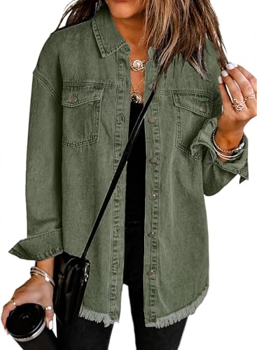 Dokotoo Jean Jacket Women Spring Summer Fall Country Concert Outfits Casual Long Sleeve Denim Shirt Distressed Boyfriend Denim Jacket Shackets Western Jean Jacket Womens Clothing Green Jackets M