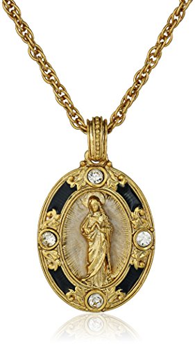 Symbols of Faith "Inspirations" 14k Gold-Dipped Crystal Blue Enamel Mary Pendant Necklace, 18"