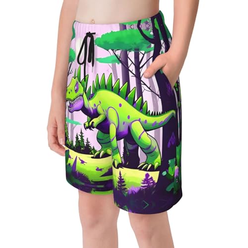 Green Dinosaur Youth Beach Pants, Soft and Breathable, with Drawstring Waist, Suitable for Sports and Leisure.4
