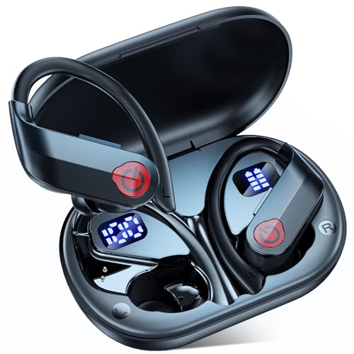 EUQQ Wireless Earbuds Bluetooth Headphones Sports Over-Ear Bluetooth 5.3 Ear Buds with Earhooks 120H Playtime Wireless Headphones for Workout Waterproof Bluetooth LED Power Display