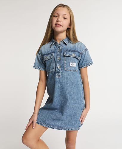 Image of Calvin Klein Girls' Short Sleeve Lightweight Chambray Denim Shirt Dress