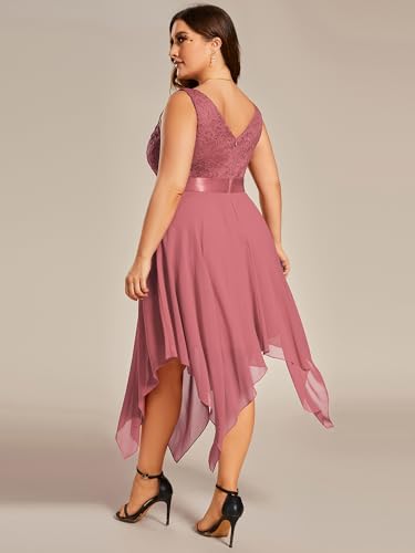 Image of Ever-Pretty Plus Women's V Neck Sleeveless Asymmetric Hem Lace Chiffon Short Summer Plus Size Wedding Guest Dresses Cameo Brown US26