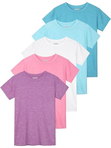 Image of QWE 5 Pack Girls Shirts Athletic Dry-Fit Shirts for Girls Short Sleeve Tshirts Kids Clothes Teens Tops