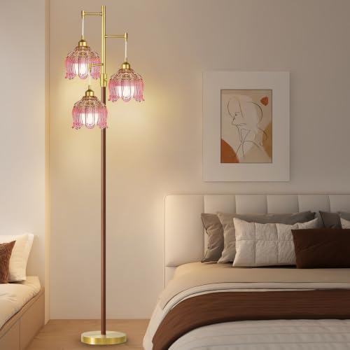 Image of Vintage Floor Lamps for Living Room 3 Light Glass Floor Lamp with Pink Glass Lampshape, Dimmable Flower Floor Lamp Gold Mid Century Modern Standing Lamp Tall Tree Wood Floor Lamp for Bedroom Corner