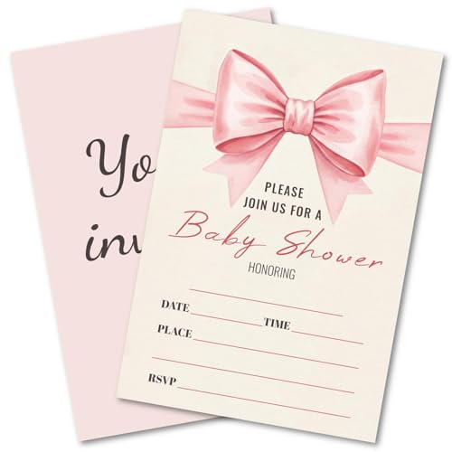 WENFLY Pink Bow Baby Shower Invitations Gender Reveal Invites