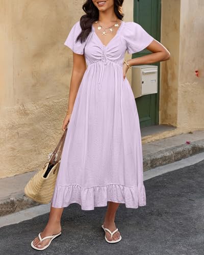 Image of BTFBM Womens Summer Dresses 2026 Casual Short Sleeve V Neck Drawstring Wedding Guest Maxi Dresses Boho Beach Long Dress