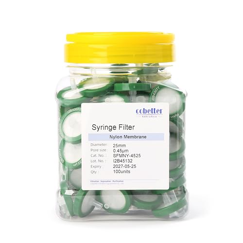 Image of 100 Pack Syringe Filter Nylon Lab Filters 0.45μm Pore Size 25mm Diameter Hydrophilic Filtration Non-sterile, Green