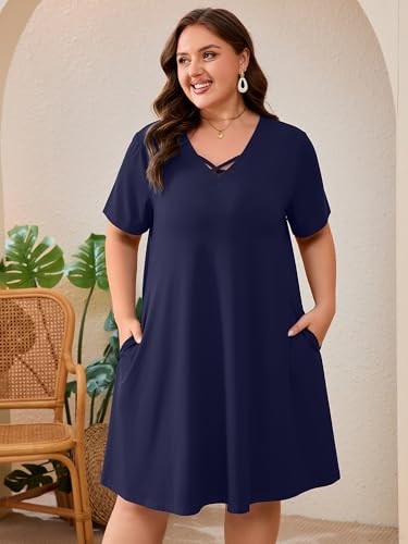 Image of AusLook Plus Size Midi Dress for Women Short Sleeve V Neck Criss Cross A Line Summer Casual Vacation Sundresses with Pockets