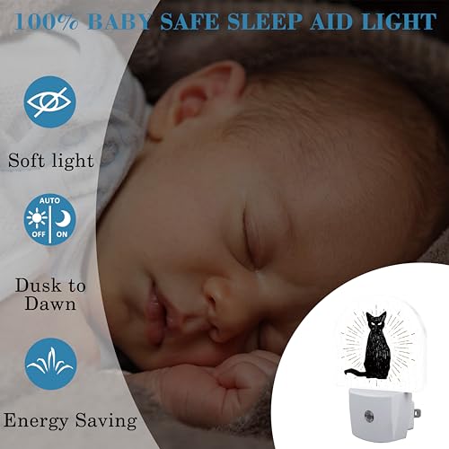 Image of Hand Drawn Black Cat Night Light Plug into Wall with Dusk to Dawn Sensor Cute Nightlight for Kid Girls Boys Women Men Room Decor, Hallway, Kitchen, Bathroom, Nursery, Stairs