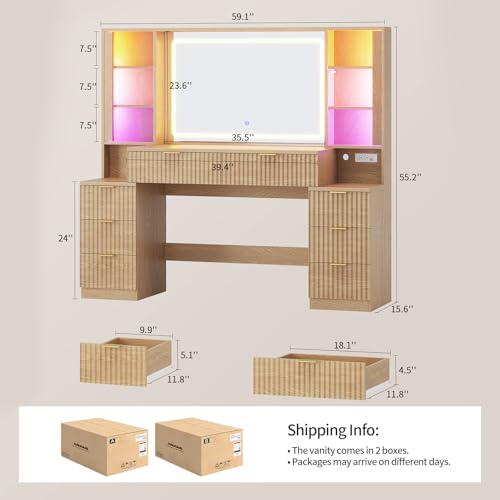 Image of Big Vanity, Fluted Wood Makeup Vanity with Mirror Lights, Oak Vanity Desk