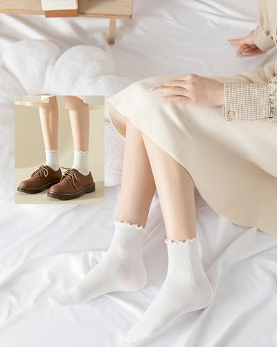 Image of DQCUTE Women's Ruffled Ankle Boot Socks - Soft Knit Cotton Lettuce Trim Crew Socks for Teen Women 6 Pairs