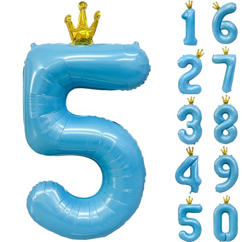 Blue Number 5 Balloon with Crown, 40 inch Blue Number Balloon 5th Birthday Party Decoration BlueCrown Balloons 0-9 for Birthday Party Anniversary Decorations Supplies
