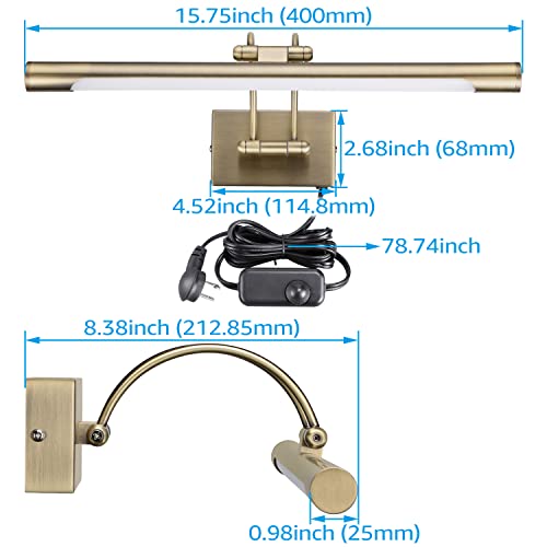 Leonlite 3Cct Led Picture Light, Swivel Full Metal Dimmable Artwork Lamps, 15.75 Inch, Cri90+, 2700K/3000K/4000K Selectable, Plug-N-Play & Hardwire Art Lighting, Ul-Listed Power Cord, Antique Brass #TOP6