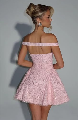 POMUYOO Off Shoulder Sequin Homecoming Dresses for Teens Scarf Short Sparkly Formal Cocktail Party Gowns2