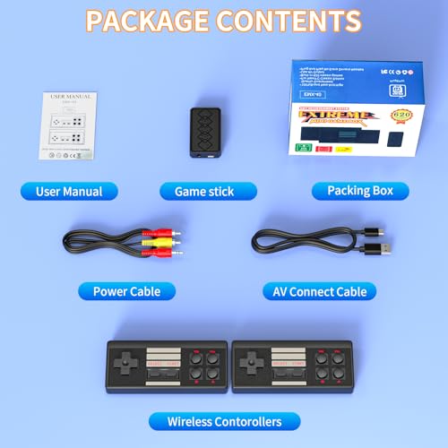 Wireless Retro Game Console, Built-in 620 Video Games Classic Mini Gaming Console with 2 Classic Wireless Controllers, AV Output 8-Bit Game System - Plug and Play
