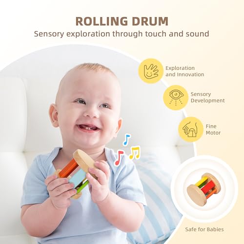 TOOKYLAND Montessori Toys for Babies 0-6 Months, 6 in 1 Learning Educational Set Newborn Toys Including Sensory Ball, Rain Stick, Baby Roller, Spinning Drum, Black and White Cards, Tissue Box - Thumbnail 7
