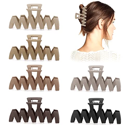 6 Pack Hair Clips, 4.5 Inch Large Hair Claw Clips For Women, Matte Claw Clips For Thick Hair, Strong Hold Non-Slip Big Hair Clips For Thin Hair, Vintage Wavy Hair Claws Neutral Jaw Clips For Hair (Brown Color) #TOP25