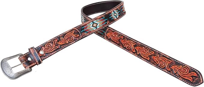 Colorful Designs Cowboy Western Handmade Beaded Men's Leather Belt Quality Thick Durable Wax Style Alloy Classic Fitted Casual Formal Wear in Pant Trouser Jeans Size: Waist 31-34in - Length 39in2