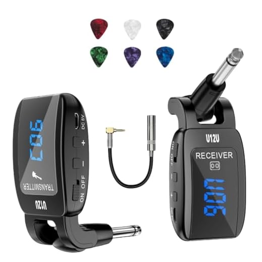 UHF Wireless Guitar Transmission System Rechargeable 40 Channels Upgrated Audio Transmitter Receiver for Electric Guitar Bass Keyboard with Stereo Jack Cable Adapter