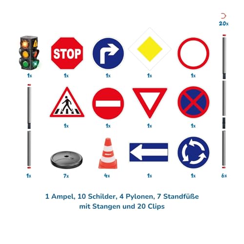 alldoro 60230 XXL-Verkehrsset mit Ampel, 10 Verkehrsschildern (75 cm) & 4 Pylonen, Verkehrserziehung für Kinder, Indoor & Outdoor, Orange