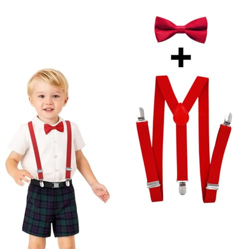 Tokaneit Hosenträger Fliegen Set,Hosenträger Fliegen Set,Kinder Hosenträger Fliege Sets,Y Form Einstellbar Hosenträger,Verstellbare Fliege und Hosenträger im Set,Bowtie Set,Hosenträger Elastisch Rot