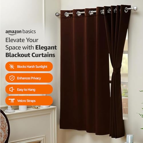 Image of amazon basics 100% Room Darkening Blackout Window Curtains - Set of 2, Plain Design for Bedroom and Living Room, 5 Feet, Coffee