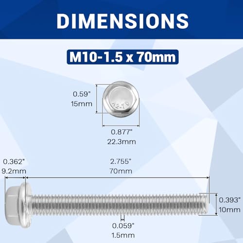 Image of M10-1.5 x 70mm Serrated Flange Hex Bolts + Flange Nut + Flat Washer + Lock Washer Combo Pack, 304 Stainless Steel 18-8, for Automotive & Machinery, 6 Sets