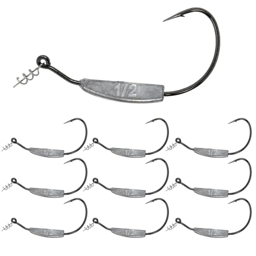 Reaction Tackle Weighted Swimbait Hooks - Weedless Belly Weighted Hooks with Twist Lock Bait Keeper for Soft Plastic Swimbaits - Bass Fishing Hooks - 1/2oz 11/0 (10-Pack)