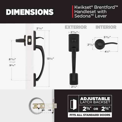 Image of Kwikset Brentford Front Door Handle No Lock, Entry Handleset Exterior with Sedona Interior Reversible Lever, Non-Locking, Matte Black, Deadbolt Not Included