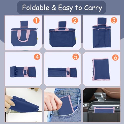 Miniatura 5 de Gfyfyz Bolsa De Compras Reutilizable Plegable, Con Cordón, Bolsas De Supermercado Ligeras De Nailon Para Compras En Casa Para Compras, Picnics, Viajes, Playa, Regalo, Promoción, Azul Marino Rosa