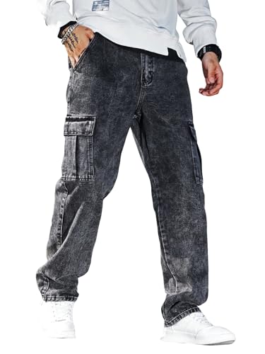 WDIRARA Men's Slim Fit Cargo Jeans Straight Leg Streetwear Denim Work Pants with Flap Pockets