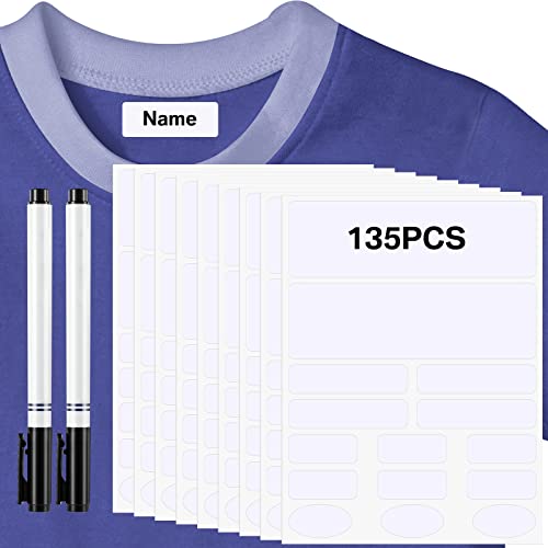 135 Pcs No Iron Fabric Clothing Labels for Daycare Washable Writable Fabric Labels for Kids and Adults Clothing, School, Camp, Nursing, Toys with 2 Permanent Fabric Markers, Rectangle and Oval Shape