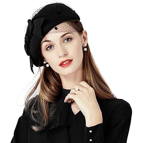 F FADVES Wool Felt Beret Veil Vintage Pillbox Hats Wedding Party Church Fascinator Hats Black Cover