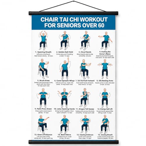 lionpower Tai Chi Chair Workout Chart for Seniors Chair Tai Chi for Seniors Wall Poster Tai Chi for Beginners Seated Chair Exercise Chart Balance & Flexibility Guide for Men 16 x 24 in