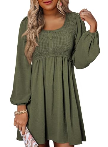 Dokotoo Casual Dresses for Women 2026 Spring Crewneck Long Sleeve Fashion Smocked A-line Flowy Hem Elegant Empire Waist Olive Green Dress Dresses Medium