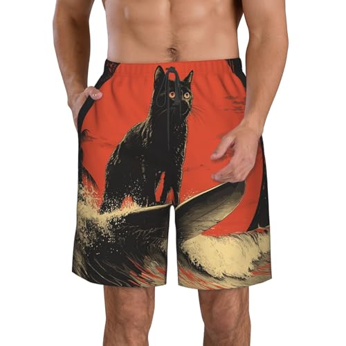 Men Swim Trunks Beach Shorts Swimwear Summer Bathing Suits - Cat Surf Retro Art