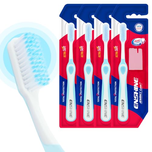 Image of Enshine Advance Clean+ Soft Toothbrush for Adults - Pack of 4 | Ultra Soft Tapered PBT Bristles | Tooth Brush Set with Non-Slip Grip | Manual Toothbrushes for Sensitive Gums & Enamel | Blue Color