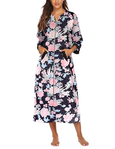 Image of Ekouaer Women Zipper Robe 3 /4 Sleeves Loungewear Dress Full Length Sleepwear Pockets Housecoat Nightgown Long Bathrobe