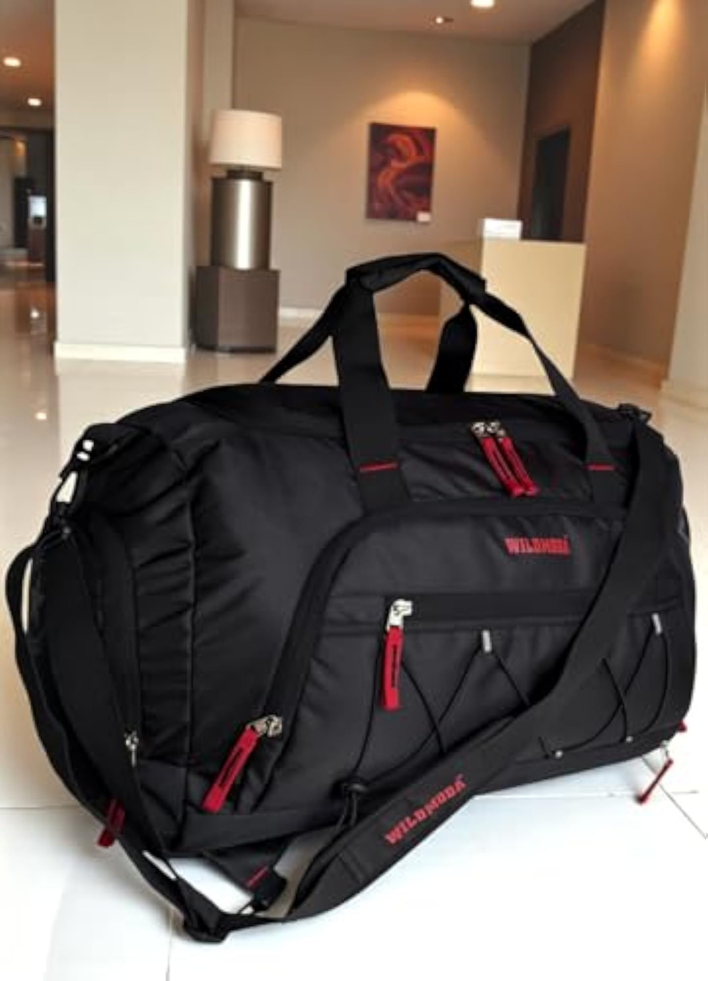 50L Duffel Travel Bag with Multiple Pockets, Black & Red