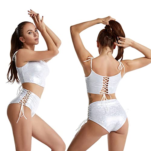 Women s Workout Sets Holographic Metallic Self Tie Crop Top 2 Piece High Waist Gym Outfit Yoga Shorts Sets