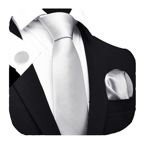 GUSLESON Silver Ties For Men Solid Wedding Neckties and Pocket Square Cufflinks Sets (0789-50)