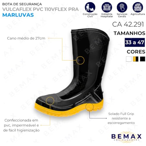 Bota Borracha Pvc Impermeável Preta Galocha Limpeza Açougue (Preto/Amarelo, BR, Adulto, Numérico, 46