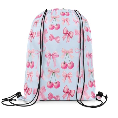 jejeloiu Blue Bow Drawstring Backpack 13x15.7inch,Cute Bowknot Waterproof Gym Drawstring Bags Kawaii cherry Fruit Sports