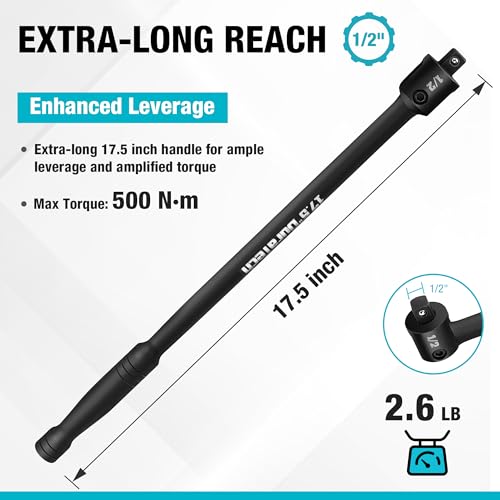 Image of DURATECH Breaker Bar, 1 /2'' Drive 17.5-Inch Breaker Bars Heavy Duty, with 240 Flex Head, Spring-loaded Detent Ball, CR-MO Head, Premium Black Phosphate Finish
