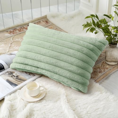 Image of decorUhome Fall Cozy Faux Fur Throw Pillow Covers 12x20 Set of 2 Decorative Soft Plush Striped Lumbar Modern Farmhouse Boho Couch Pillow Cases with Velvet Back for Sofa Bed Living Room, Sage Green